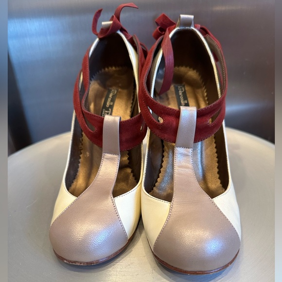 Handmade Marcello Toshi Cream Gold Leather with Velvet Maroon Ties size 7 - Picture 3 of 13